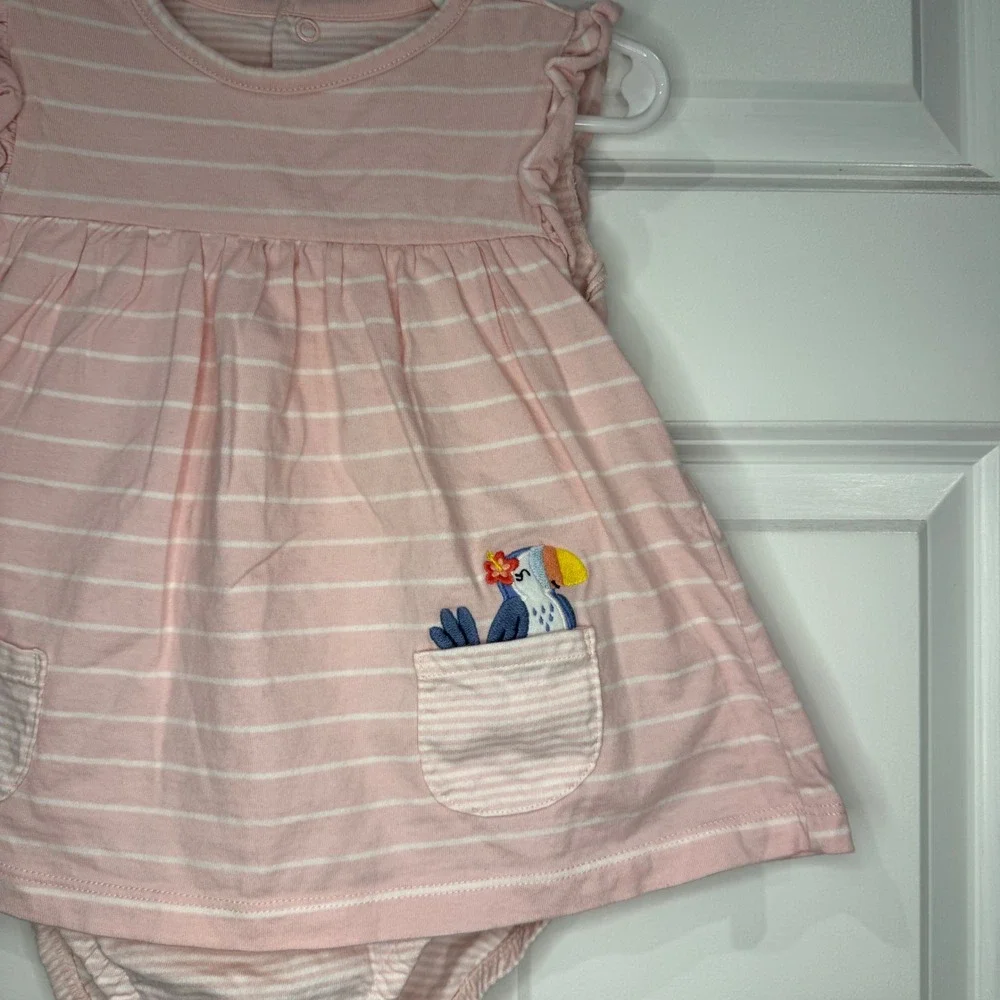 Carters Baby Girl Pink Striped Toucan Pocket Dress Bodysuit Size 24 Months‎